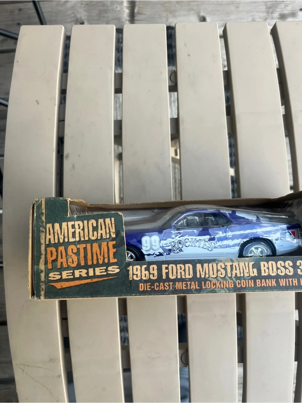 1969 Ford Mustang Boss 302 Colorado Rockies Die-Cast Coin Bank - Purple/White